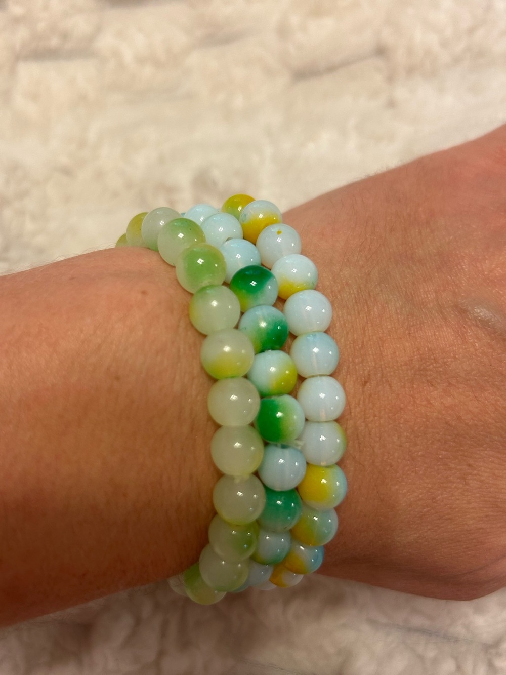 Set of 3 Green Blue Yellow Beaded Stretch Bracelets Colorful Stack